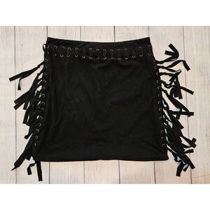 POL Skirt Womens Medium Black Lace Up Mini Goth Grunge Festival Y2K Fringe